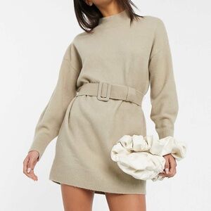 Beige Sweater Dress with Belt